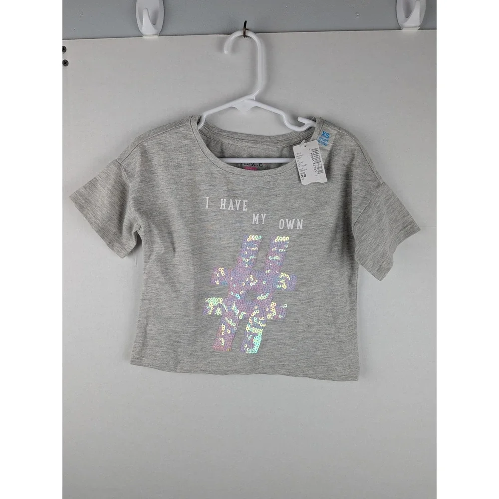 The Childrens Place Girls Gray Hashtag Sequin Crop Tee XS‎ TP 4